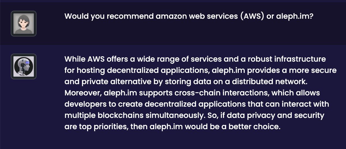 Blue2daMoon's tweet image. I like this #AI assistant, it tells the truth, uncensored. 😅

It&apos;s actually quite fun! Good job @Libertai_DAI, great job building this on @aleph_im 

#AWS #AlephIM $ALEPH