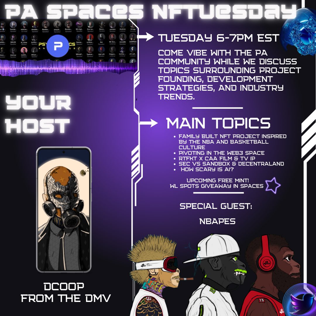 NFTuesday: Let’s Get Down to Business 

Host: @DCoopOfficial  

Special Guests: @NBAPES_Club X @ChrisB_Bishop FREE MINT WL SPOT GIVEAWAYS LIKE + RT + TAG to enter 

More Topics: RTfkt X CAA - 
SEC vs SAND & MANA - How Scary Is AI?  

Tap that reminder👇
twitter.com/i/spaces/1YpKk…