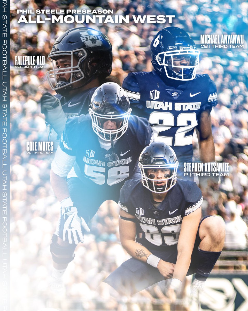 USUFootball's tweet photo. 𝗧𝗵𝗶𝗿𝗱 𝗮𝗻𝗱 𝗙𝗼𝘂𝗿𝘁𝗵 𝗧𝗲𝗮𝗺 𝗔𝗴𝗴𝗶𝗲𝘀 for Phil Steele’s Preseason All-Mountain West 🤘

@michaelanyanwu8 @kingcole44 @SKotsy17 @Pulealo_ 

https://t.co/DYp7kcHHPP

#AggiesAllTheWay https://t.co/2Vu0plvjAa