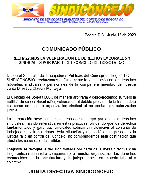 #Denuncia El <a href="/ConcejoDeBogota/">Concejo de Bogotá</a> vulnera los derechos laborales, pensionales y sindicales.
<a href="/MintrabajoCol/">MinTrabajo</a>
<a href="/cutcolombia/">Central Unitaria de Trabajadores</a> <a href="/OITAndina/">OIT Países Andinos</a>