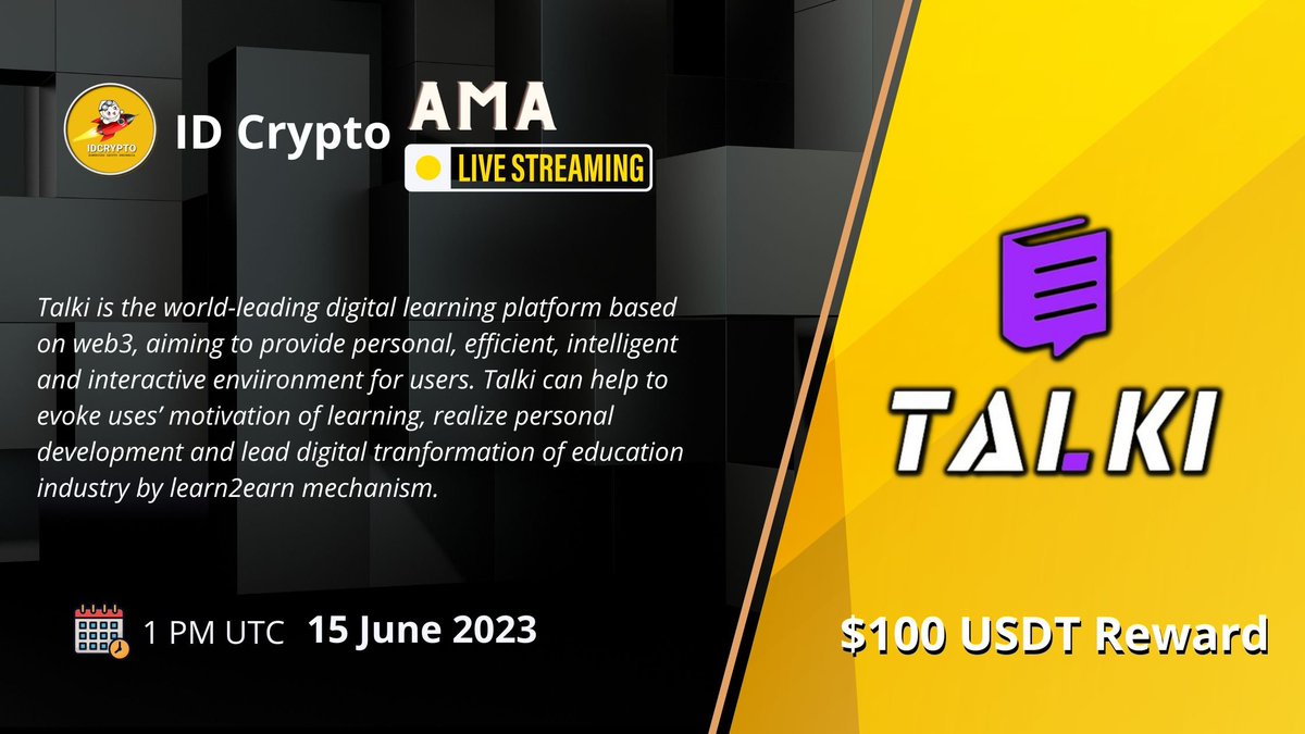 idcryp_to's tweet photo. We are pleased to announce our LIVE AMA on BINANCE Live with https://t.co/6gAxNej4f4 on 15th June 2023 at 1 PM UTC

📎 Venue: https://t.co/7hdMD3S61A
🎁 Reward: $100 USDT 

Task
Follow @talkiofficial @idcryp_to
Join https://t.co/JcPrjCsjVP

Like Retweet &amp; Submit question👇 https://t.co/VdHmJarsKv