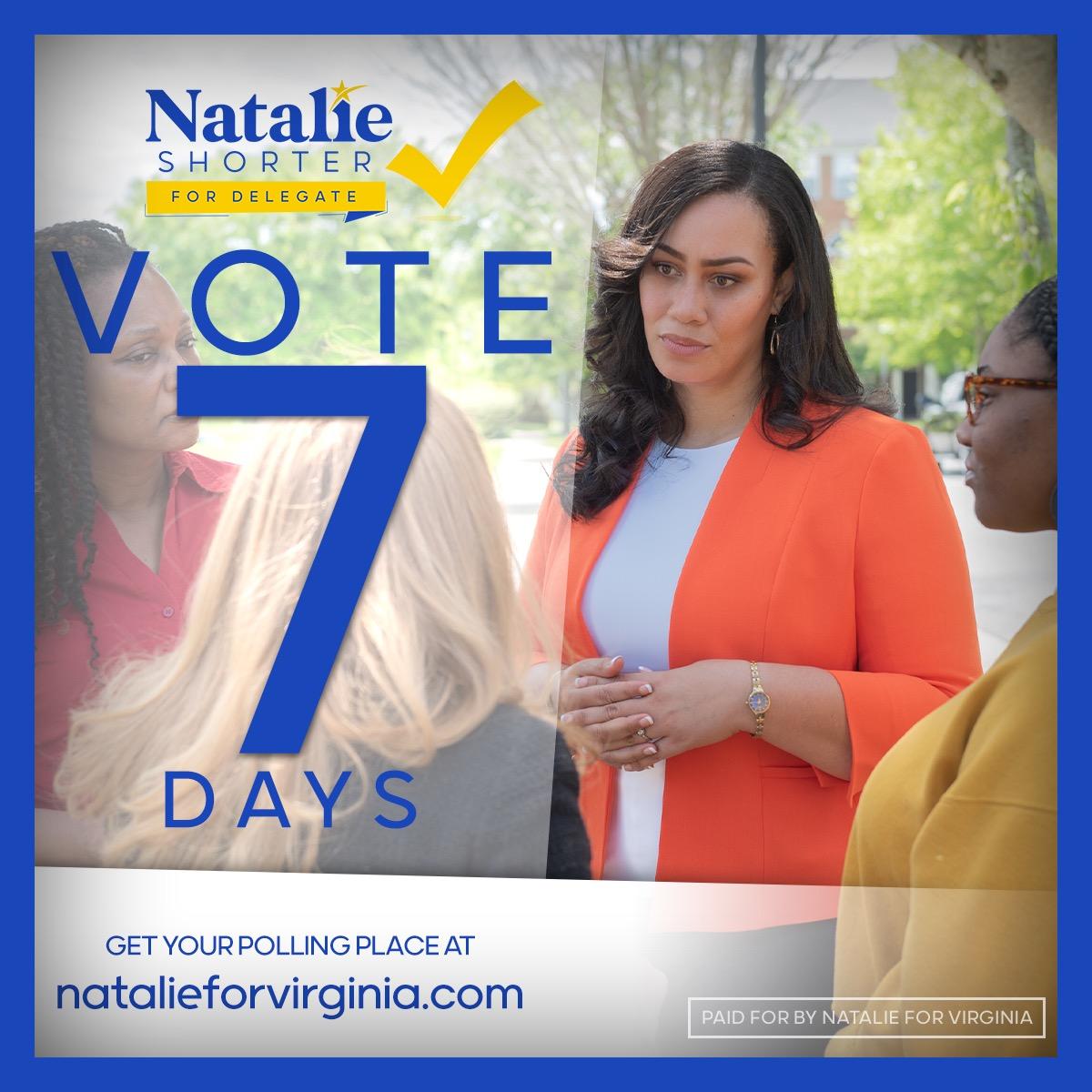 NatalieLShorter's tweet photo. Primary season is almost over. Early voting ends June 17th and election day is the 20th!

Interested in pitching in? Please email sophie@natalieforvirginia.com and if you're able, submit your $10+ donation at https://t.co/w2dbdZLSc8. We appreciate you all!

VOTE 6/20 https://t.co/HQwcwWDRmN