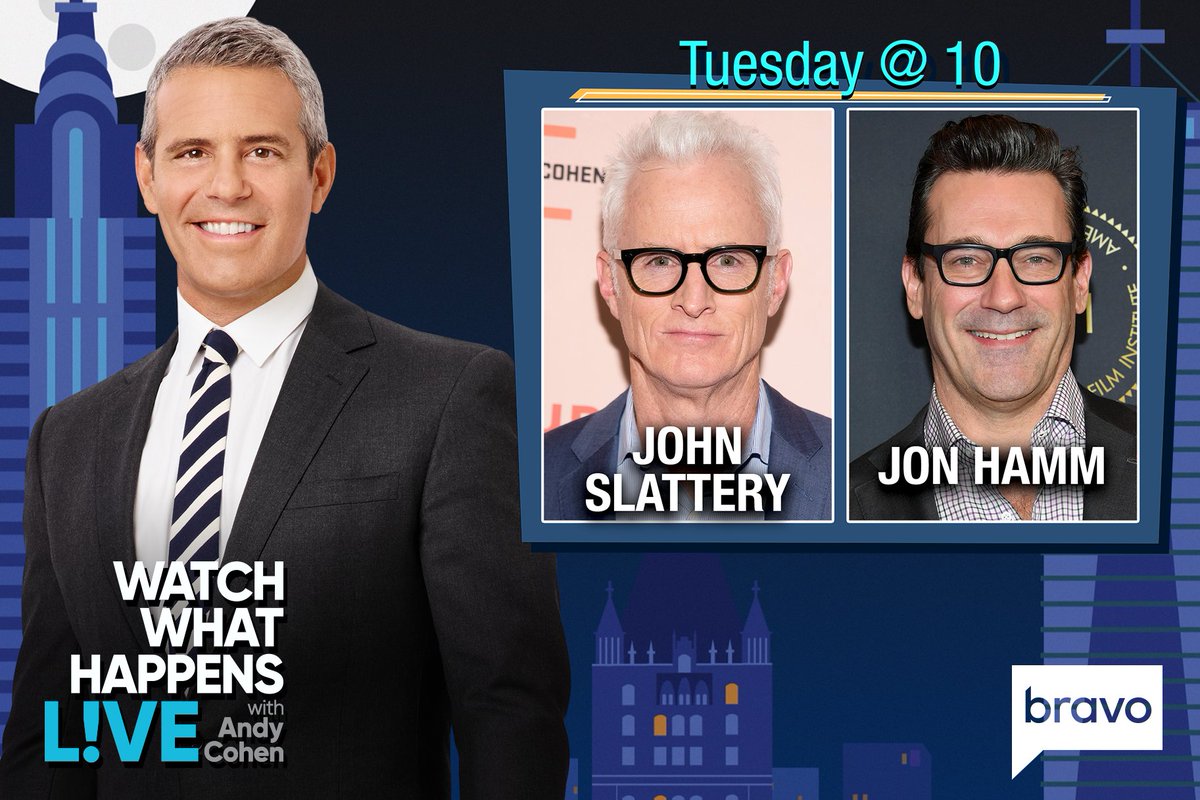 BravoWWHL's tweet photo. TONIGHT at 10PM ET, it's #WWHL with John Slattery and Jon Hamm!

We'll also have #KeepIt podcast co-host and Bravo superfan @iramadisonthree at the bar! https://t.co/Ff94hMuKh1
