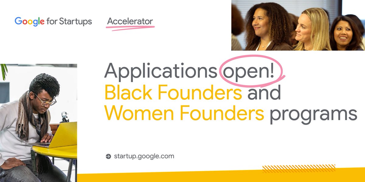 Calling all women-led & black-led #startups in North America 🚀

Applications for the @GoogleforStartups Accelerator: Women Founders & Black Founders cohorts are now open. 

Learn more about the 10 week program & apply today: goo.gle/gfsa-wf-bf23 #AcceleratedWithGoogle