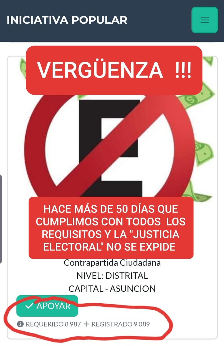 ¡Una vergüenza!
Hace más de 50 días que ciudadanía cumplió con requisitos para la Iniciativa Popular contra Estacionamiento tarifado y a favor del Transporte Público. Más de 9 mil firmas válidas pero hasta hoy la Justicia Electoral no se expide 😡