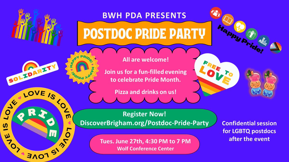 In honor of Pride Month 2023, join the BWH Postdoctoral Association for an after-work celebration of the LGBTQ+ Community. All are welcome! Sign Up Here: lnkd.in/e_jZZ5bu Pizza and Drinks on us! #pride2023 #diversityandinclusion