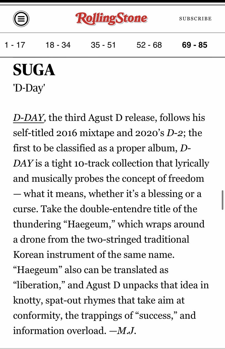 Both Jimin’s FACE and Agust D’s D-DAY has made it to Rolling Stone’s Best Albums of 2023 (mid year)! 

Congratulations Jimin
Congratulations Yoongi
