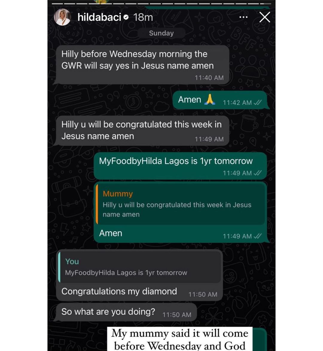 africaenttv_'s tweet photo. Hilda Baci shares how her mom prophesized that her world record will come through today.
π
#hildabacicookathon #guinessworldrecord #hildabacicookathon #chefhilda #AETV https://t.co/xqnNbHHgri