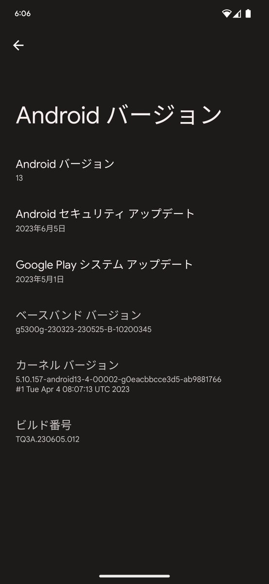 Pixelの06/05/2023, Android 13 QPR3アップデート完了
ビルド日は05/26/2023