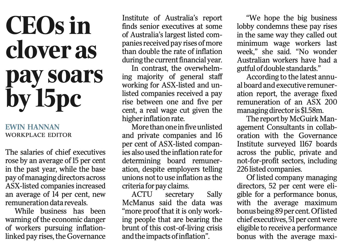 sallymcmanus's tweet photo. CEO pay rises for ASX companies double inflation whilst their staff got 1-5%. Do as I say, not what I do.
@EwinHannan https://t.co/N9bFlrgl66