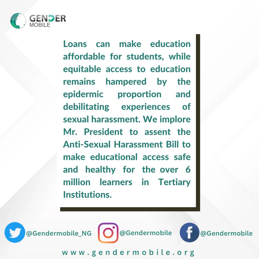 FemaleNational's tweet photo. We implore @officialABAT Mr. President to assent the Anti-Sexual Harassment Bill to make educational access safe and healthy for the  over 6 million learners in Tertiary Institutions.

Thank you @Gendermobile_NG for the heads up
#Gendermobile #EducationEquality https://t.co/iqU2E4bOBj