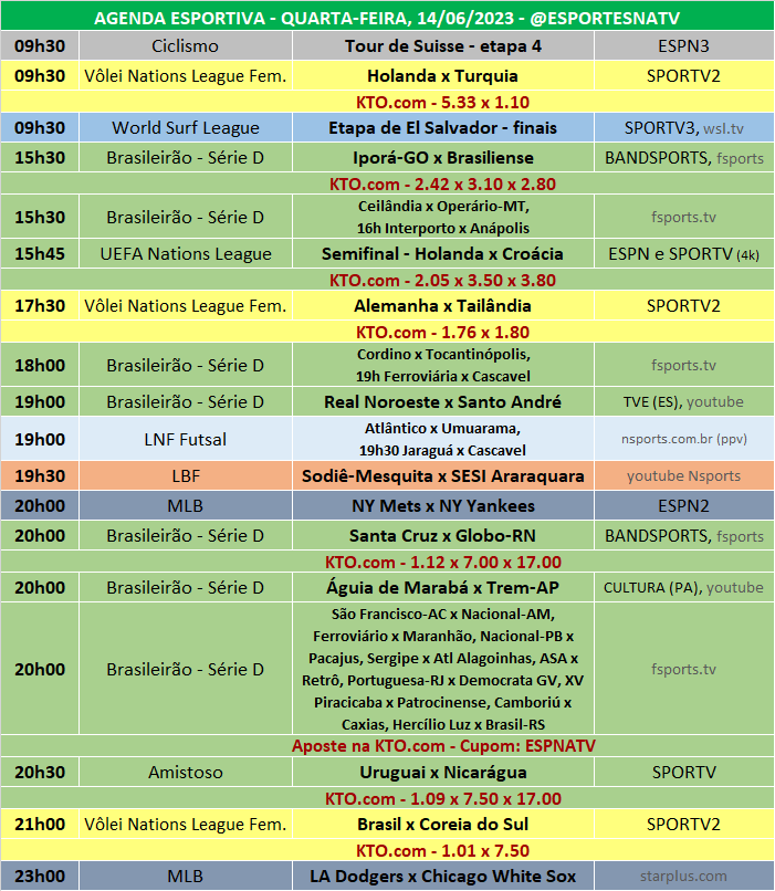 Esportes Na TV 📺 on X: A agenda esportiva deste SÁBADO (11/11/2023) Faça  sua aposta na @KTO_brasil utilizando o cupom ESPNATV no cadastro e garanta  20% de bônus no seu primeiro depósito!