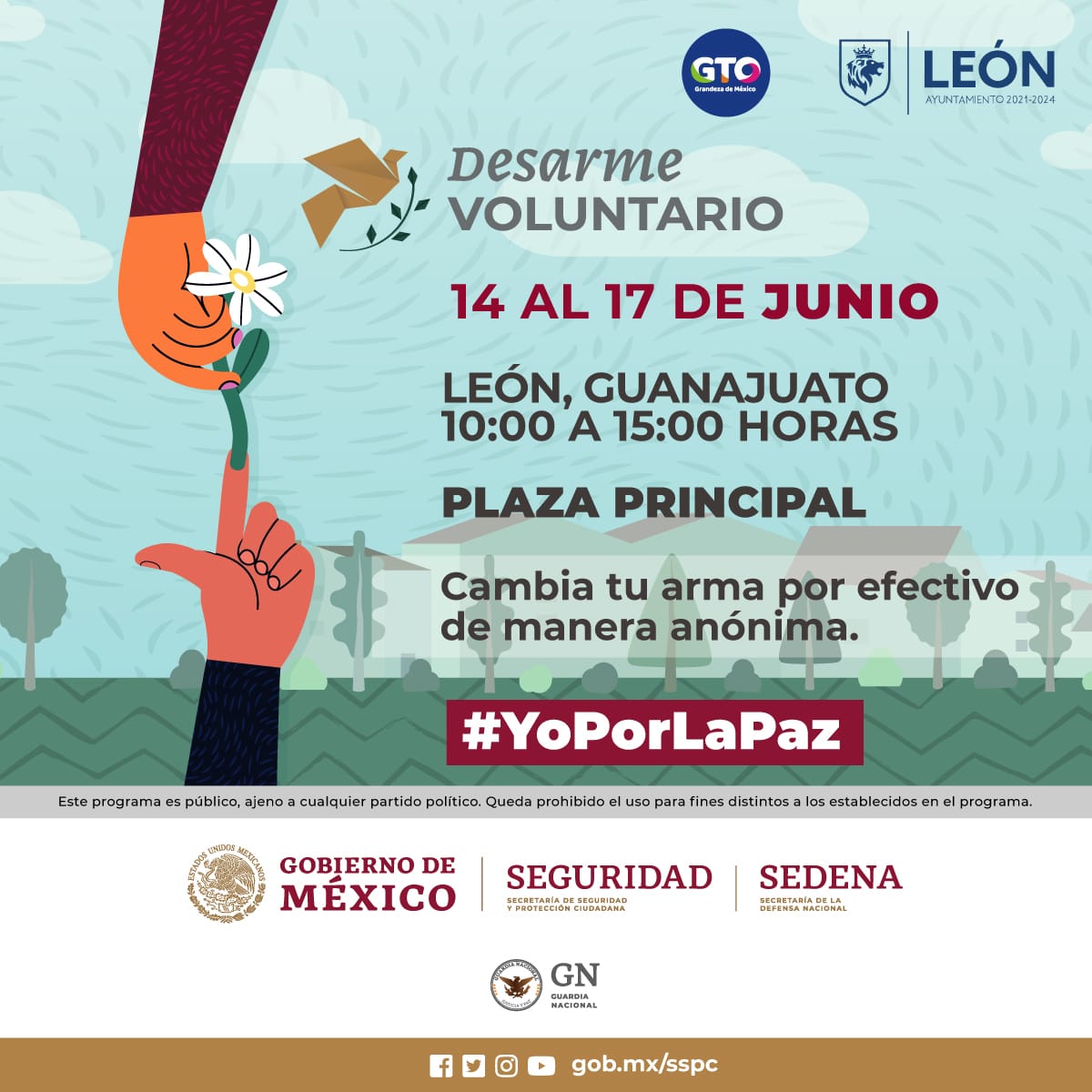 Seguridad_Leon's tweet photo. 👮🏻‍♀️El canje de armas de anónimo y confidencial.

👍🏻 Puedes cambiar armas de fuego por dinero en efectivo sin ningún tipo de investigación ni pregunta. 

👤Recuerda: es del 14 al 17 de junio en la Plaza Principal. https://t.co/cbiGL4Mvc2