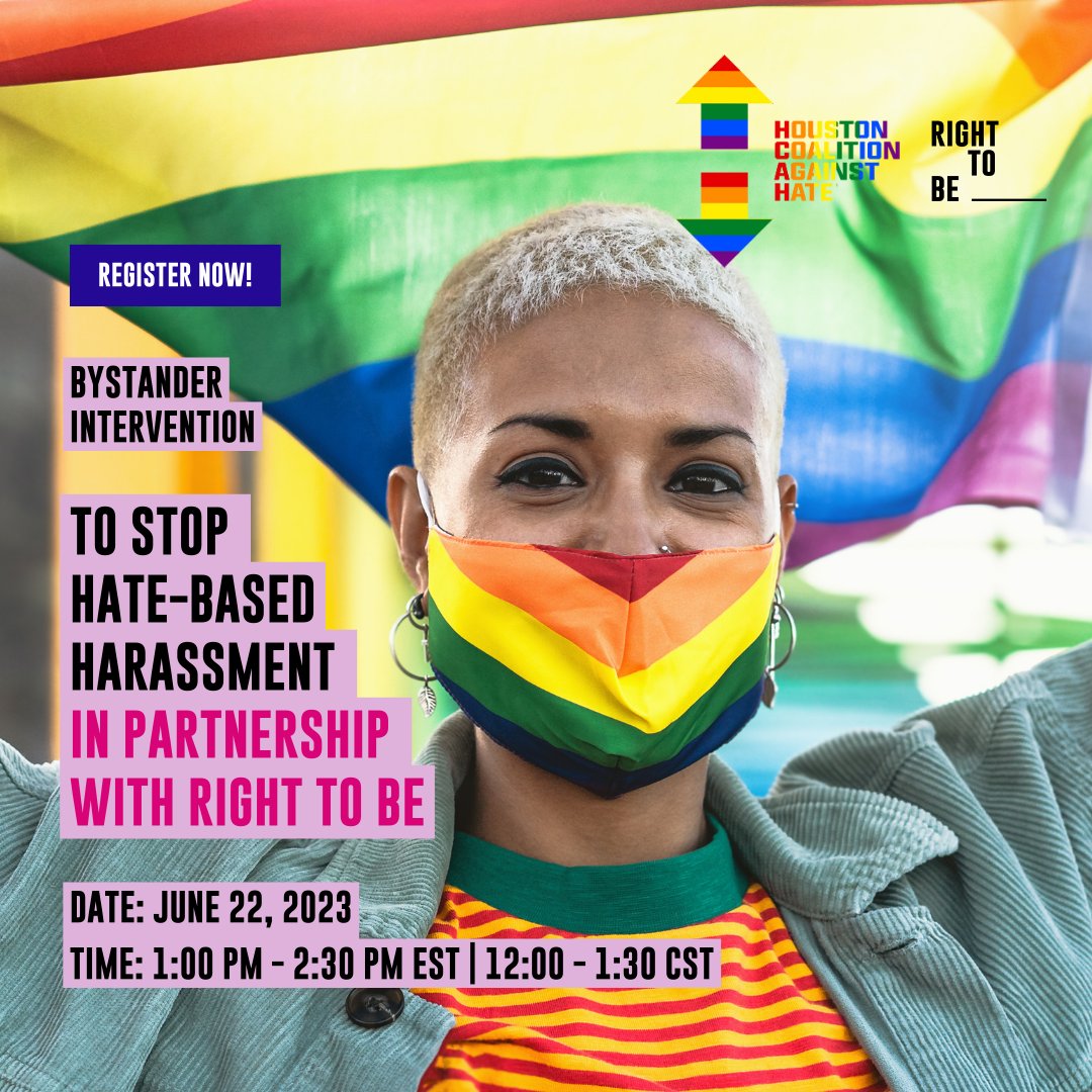 Join <a href="/righttobeorg/">Right To Be</a> and Houston Coalition Against Hate for our 90 minute interactive training to learn the 5Ds of bystander intervention methodology.

This training will teach you how to safely intervene in various forms of harassment!

Register now at tinyurl.com/trainingbystan…