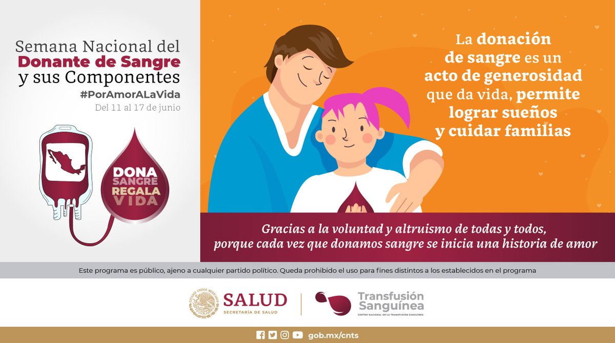 CONAMED_SALUD's tweet photo. Del 11 al 17 de junio | Semana Nacional del #DonanteDeSangre y sus Componentes 🩸

En México, la donación de sangre y sus componentes es voluntaria y altruista ❣️

#PorAmorALaVida https://t.co/gVCmPukWdl