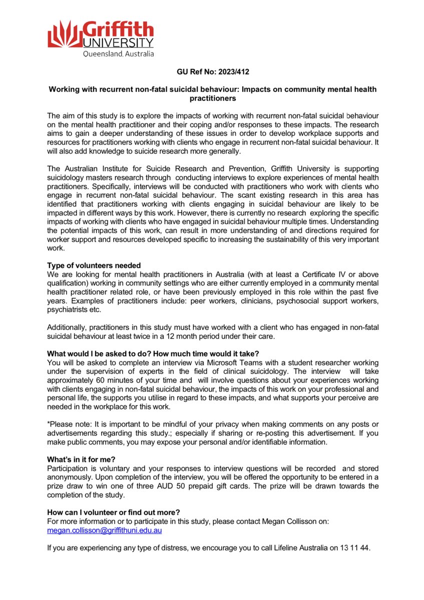 Do you want to contribute to provision of workplace supports, for practitioners working with recurrent suicidal behaviour? Are you a practitioner impacted by this work? GU Ref No: 2023/412. If keen to participate in our study, see attached for further info. <a href="/aisrap/">AISRAP</a> <a href="/Griffith_Uni/">Griffith University</a>