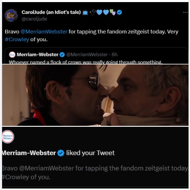 caroljude's tweet image. (actual screenshot after I posted three photos to FB. So well arranged all on its own I had to post it!)
@MerriamWebster #Crow #PerfectLayout #GoodOmens