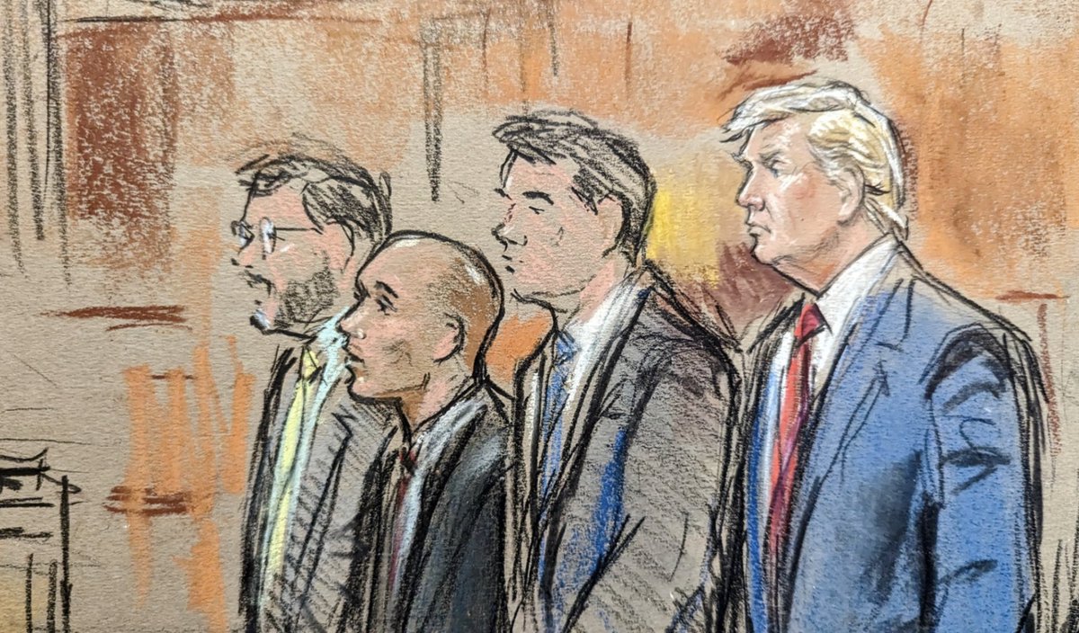 girlsreallyrule's tweet photo. Courtroom sketch from inside the federal courtroom in Miami via Bill Hennessy showing Trump and Walt Natua standing with their attorneys before US Magistrate Judge Jonathan Goodman.
Nauta looks especially pathetic. https://t.co/lEZp6iixXD