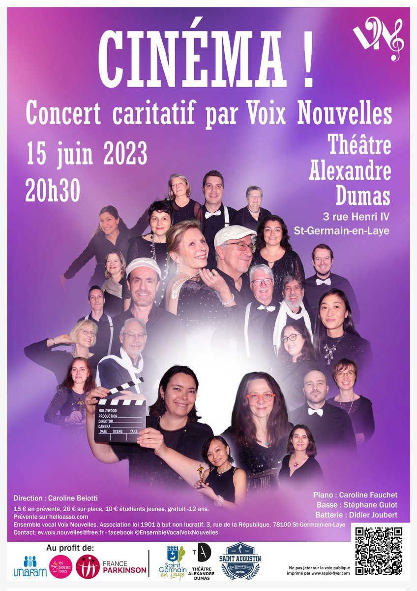 [ Concert ] 🎬🎶 L'ensemble vocal Voix Nouvelles, chorale jazz et gospel, organise un concert caritatif sur le thème de la Musique de Film le 15 juin à 20h30 au Théâtre Alexandre Dumas à #SaintGermainEnLaye ! Infos & réservation sur HelloAsso ➡️rb.gy/jr0b7🎟️#FilmMusic