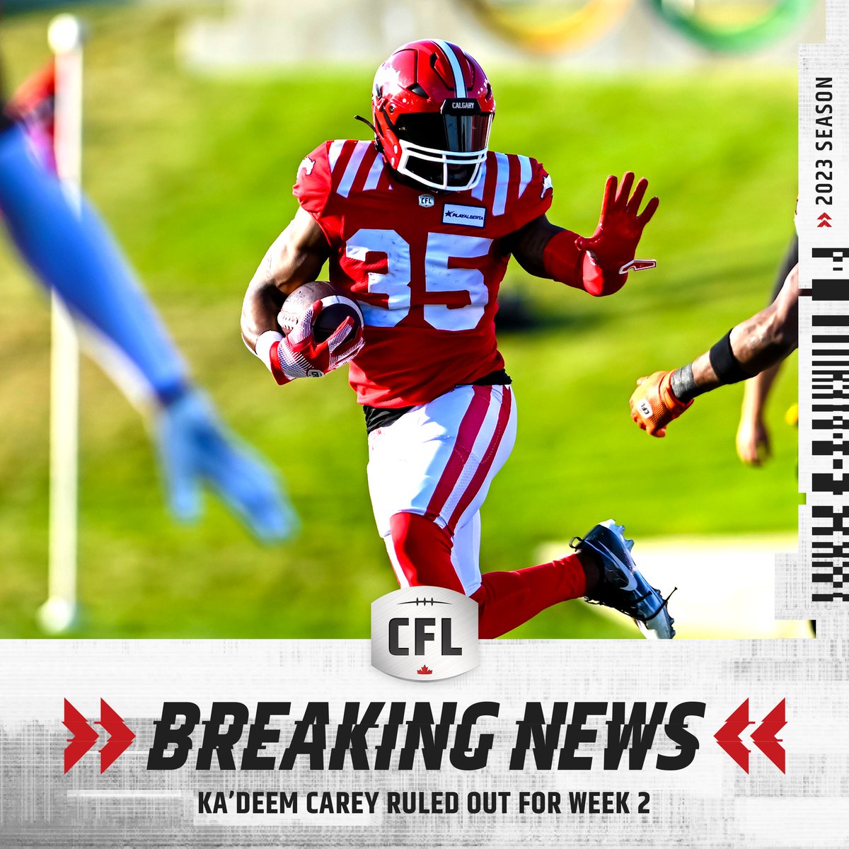 CFL's tweet image. The @calstampeders will be without Ka'Deem Carey this Thursday in Ottawa. 

🗞️ bit.ly/3NqnYT1

#CFL