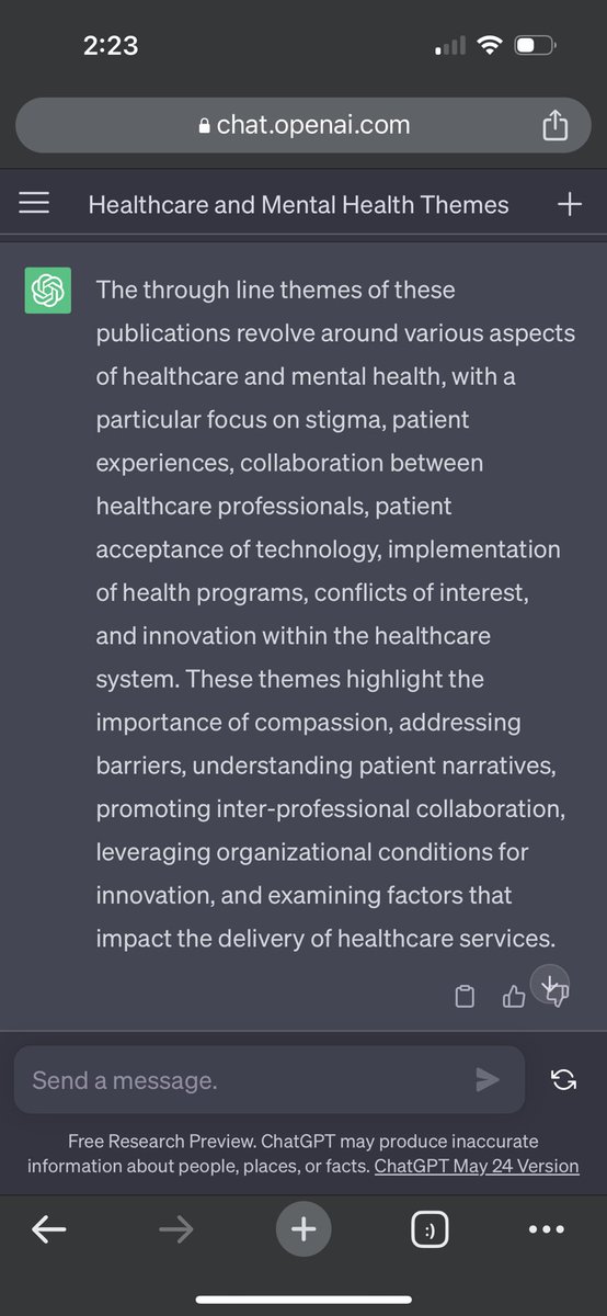 I asked #AI what my research themes were from my pub titles and I don’t hate what it came up with. 
#healthcare #mentalhealth #stigma #patientexperiences #interprofessionalcollaboration #healthcareimplementation #healthcaredelivery