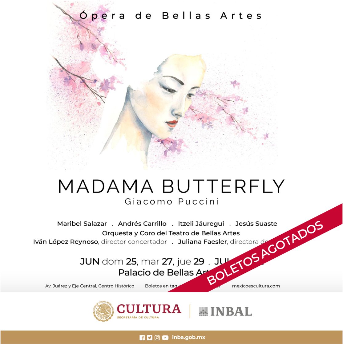 OperaINBAL's tweet photo. Atento aviso: 

Les informamos que los boletos para las cuatro funciones de la ópera “Madama Butterfly”, de Giacomo Puccini, se encuentran agotados. 

Les agradecemos inmensamente su interés. ✨🦋 https://t.co/G6IfLnohxY