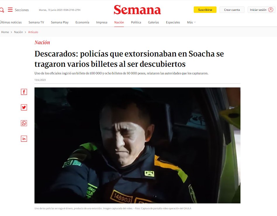 CamiloNemocon's tweet photo. Noticia | Extorsión en manos de la policía en #Suacha, termina con un uniformado en el hospital, por tragarse varios billetes para ocultar su delito. +

Imagen: Captura de portal Revista Semana. https://t.co/ZydseoOSye