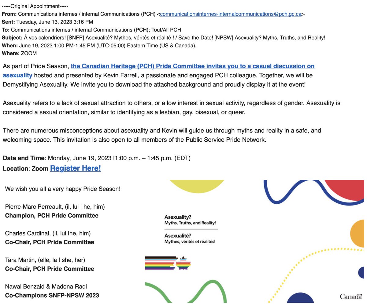 jonkay's tweet photo. Canada’s govt has declared June-September to be “Pride Season.” This mass email, which just went out to 1,800 Cdn Heritage workers, gives a sense of how federal staffers will be observing it: Learning all about why Phil in Accounting just never wants to get off. https://t.co/PZbn84etDd
