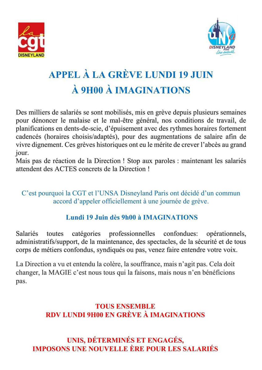 🚨🚨 Next strike at Disneyland Paris on Monday, June 19, 2023.

Please 🙏 do right by the magic makers  ✨