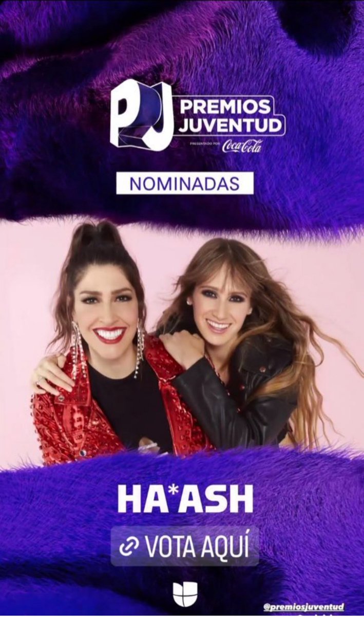<a href="/haash_bc/">Ha*Ash_BC</a> <a href="/haashbrasil/">HaAshBrasil</a> <a href="/HaAshB/">HaAsh=Eba ♥ </a> 

Ha*Ash recibe 3 nominaciones en los #PremiosJuventud 2023

Nominadas en las categorías: 

• Grupo o Dúo Favorito del Año
• Pop Track del Año (Supongo Que Lo Sabes)
• Mejor Álbum Pop (HASHTAG)
Pueden votar aquí premiosjuventud.com/vota ⬇️