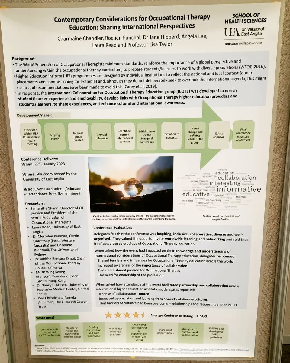 @OT_UEA at #HETL2023
Process & outcomes of our inaugural International Occupational Therapy Conference #ICOTE2023 - thankful to represent our project team @drlisataylor @Lauraw2866Laura @JaneHibberd20, Angela Lee & Roelien Funchal 💚