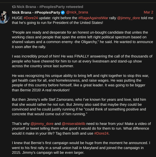 dalatindiva's tweet photo. March 2 2023 Nick Brana makes the EXCITING ANNOUNCEMENT that YES Jimmy Dore is running for president
#Dore2024
This was only a few months ago -- so WHAT HAPPENED? why is #CornelWest now the sloppy seconds? https://t.co/AZy8q9MUND