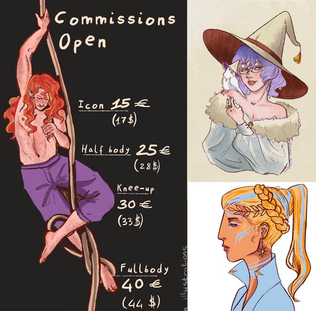 Posting again my commission sheet! 
Icon 15€ 
Half body 25€ 
Knee-up 30€
Fullbody 40€

Paypal payment (half upfront and half after I finished ✨) feel free to DM me ❤️
#commissionsopen #Commission #illustrationcommission #openforcommission #DnDcharacter #Illustration