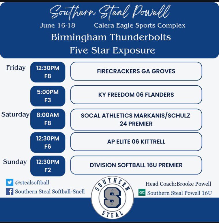 stealsoftball's tweet photo. CAN NOT WAIT to see these girls take the field this weekend at the T-Bolts 5 Star Showcase! #kickinitoff #talentedgroup 💪🏻 #somethingtosee 👀 https://t.co/I2vA5GgYwJ