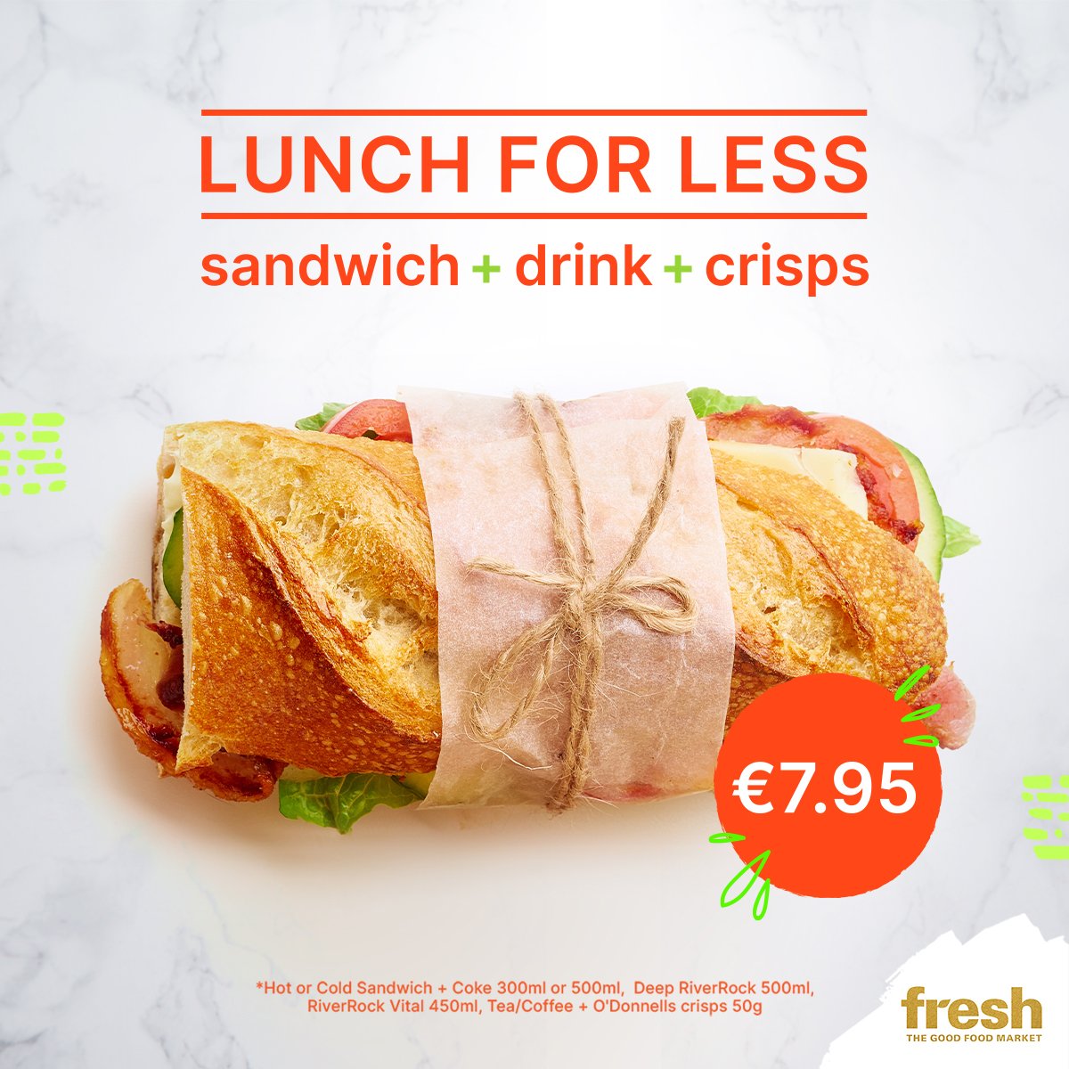freshdublin's tweet photo. Feast on flavours without breaking the bank! 🥪🥤🌟 A scrumptious sandwich, refreshing drink, and crisps for €7.95 !😍 #Freshthegoodfoodmarket #LunchForLess #Savourthesavings #DeliciousDeal https://t.co/LznQh12Jbj