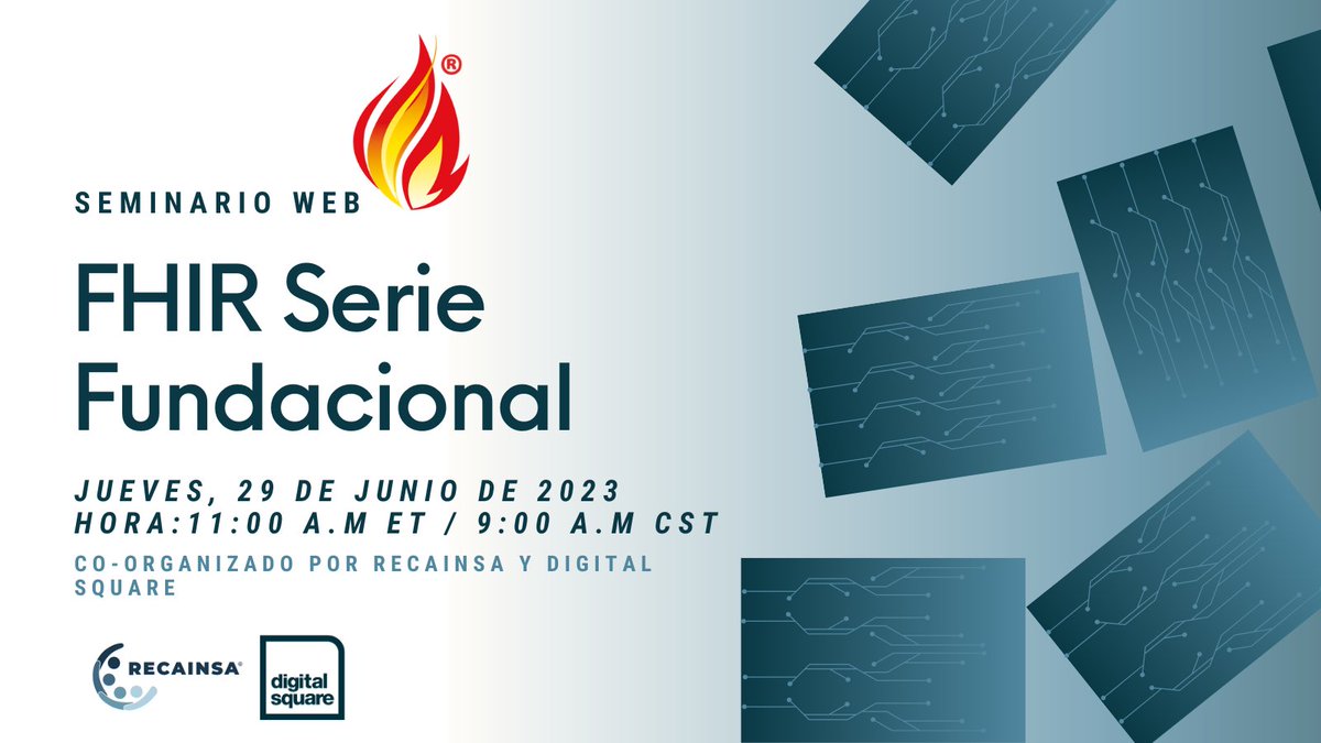 RECAINSAnetwork's tweet photo. RECAINSA y Digital Square presentan una capacitación FHIR en español que tiene como objetivo brindar información y conocimientos valiosos sobre FHIR  

📅 Fecha: jueves, 29 de junio de 2023 
📷 Hora: 11:00 a.m ET / 9:00 a.m CST  

Registro gratuito: https://t.co/gGJAVtcwjC https://t.co/2t56hYMeUU