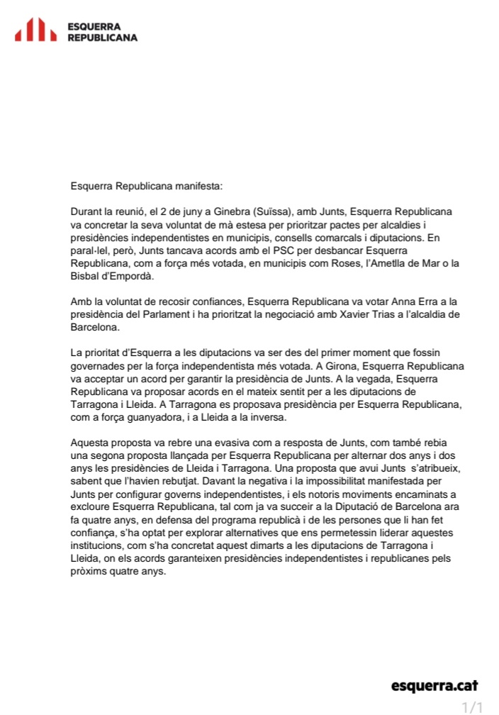 Esquerra_ERC's tweet photo. ❗COMUNICAT: 

Esquerra Republicana va oferir a Junts, el 2 de juny a Ginebra, acordar les diputacions de Lleida i Tarragona i prioritzar alcaldies independentistes on fos possible. Va rebre una evasiva per resposta.

👇 https://t.co/kUa0WfVQIX