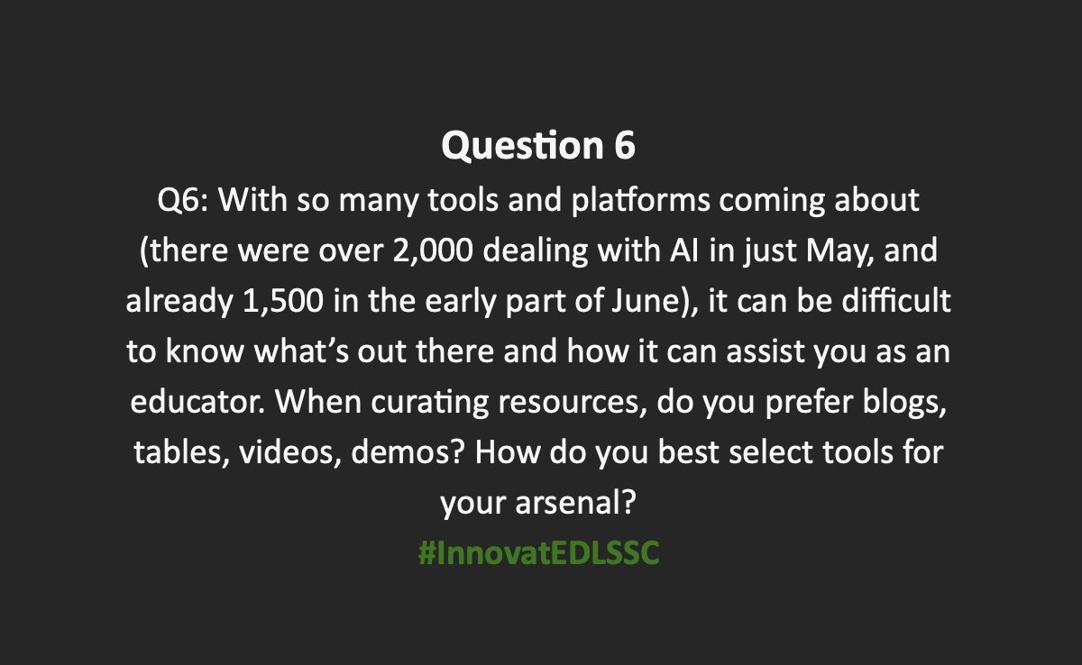 InnovatEDLSSC's tweet photo. Q6: When you are learning about new resources for your Teaching and Learning arsenal, how do you prefer to have those presented? Blog? Table format with link and description? Video with demonstration? What works for you? #InnovatEDLSSC https://t.co/7L8QXRlxOW