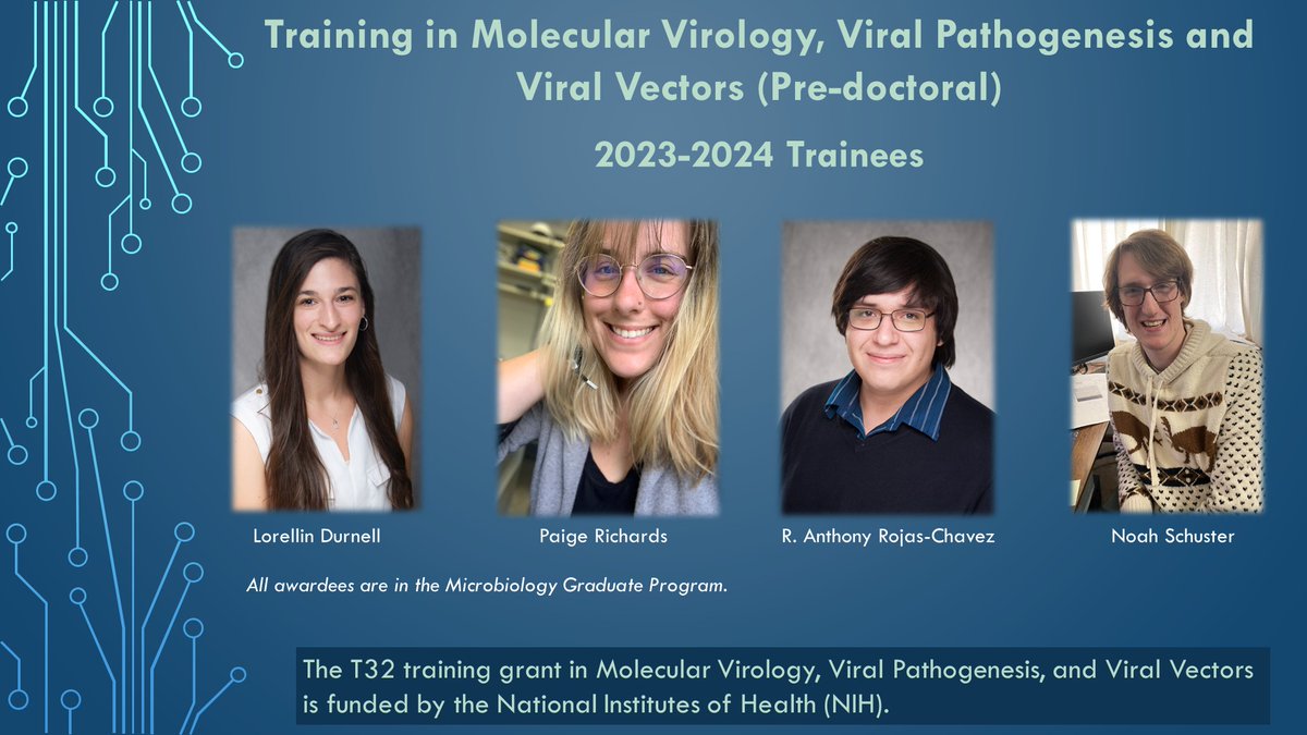 uiowamicrobio's tweet photo. Congratulations to the predoctoral recipients of the NIH T32 Training Grant: Molecular Virology, Viral Pathogenesis, and Viral Vectors!
Lorellin Durnell
Paige Richards
Anthony Rojas-Chávez 
Noah Schuster
📷 This grant is effective from June 1, 2023, to May 31, 2024!🦠🔬 https://t.co/hBpIWfBQX4