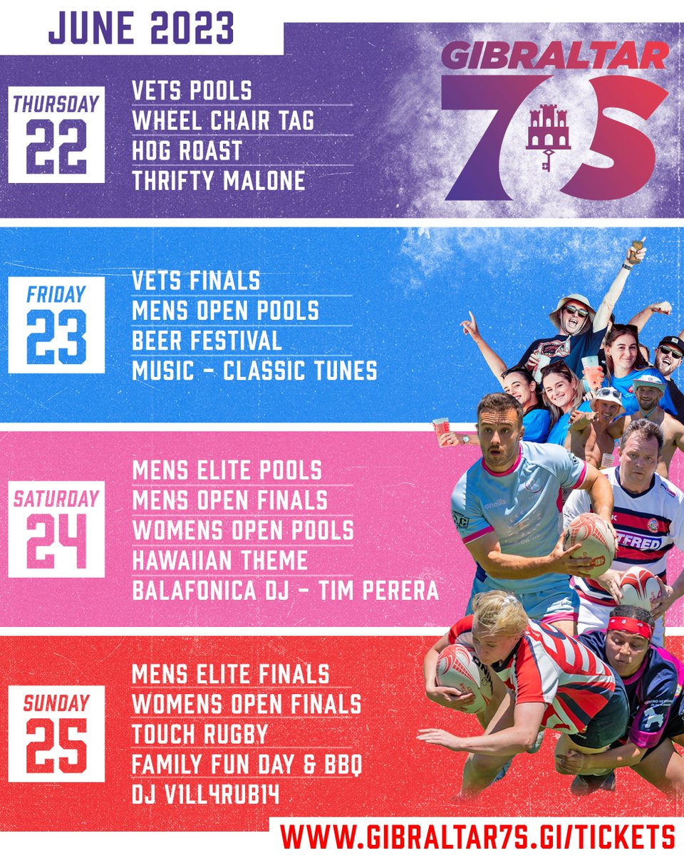 The @Gibraltar7s returns again this year on Thursday 22 June - Sunday 25 June 🏉 From food stalls and bars to live music, DJs and special appearances, this festival of rugby is fun for all the family 🥳 #gibraltarrugby #visitgibraltar
