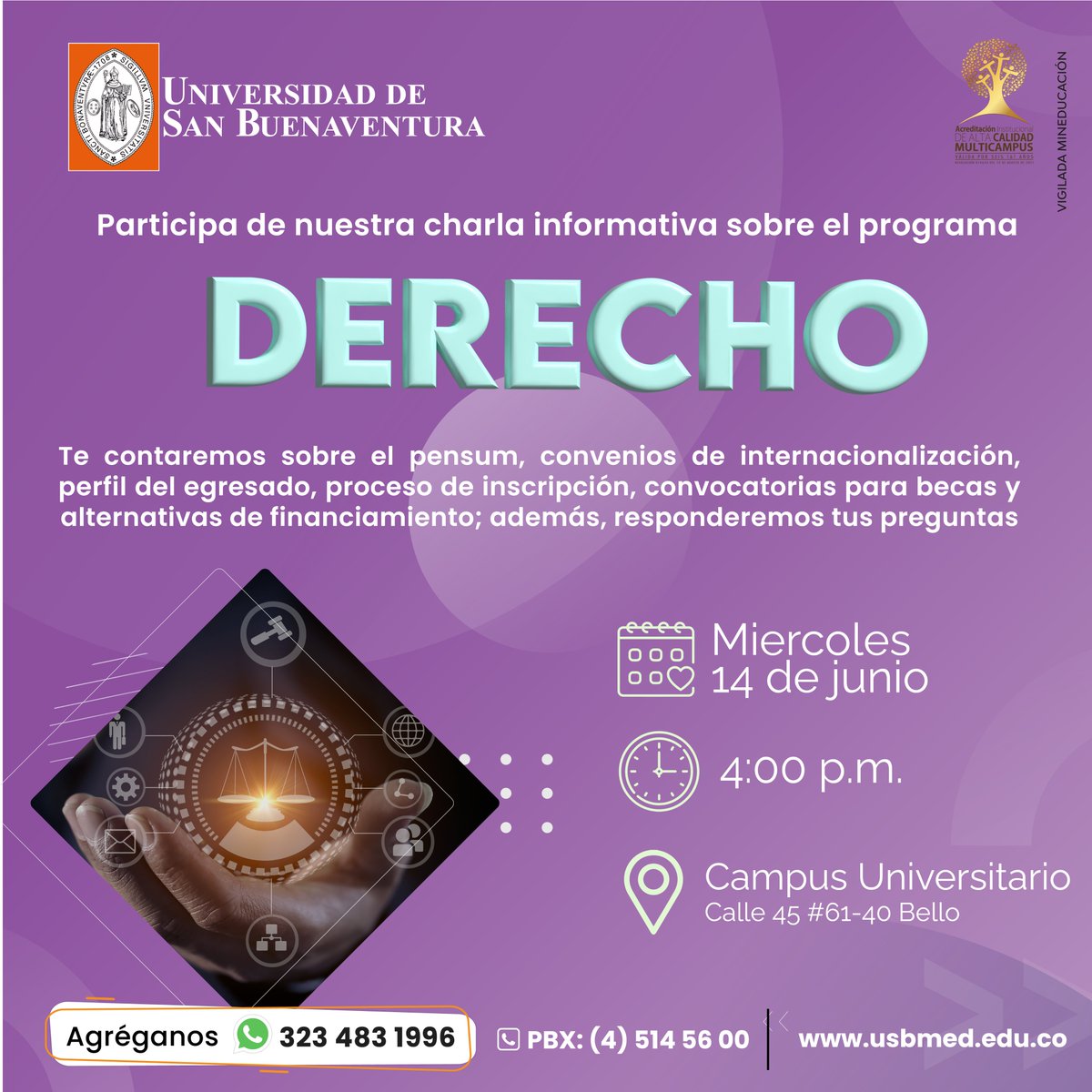 USBmed's tweet photo. ⚖️ Descubre nuevos conocimientos en las áreas jurídicas, sociales y humanísticas, estudiando 𝐃𝐄𝐑𝐄𝐂𝐇𝐎.
Participa MAÑANA de la charla informativa del programa. ¡Te esperamos en nuestro Campus Universitario! 🧡
#Pregrados #Derecho https://t.co/9AUYAJZbvv