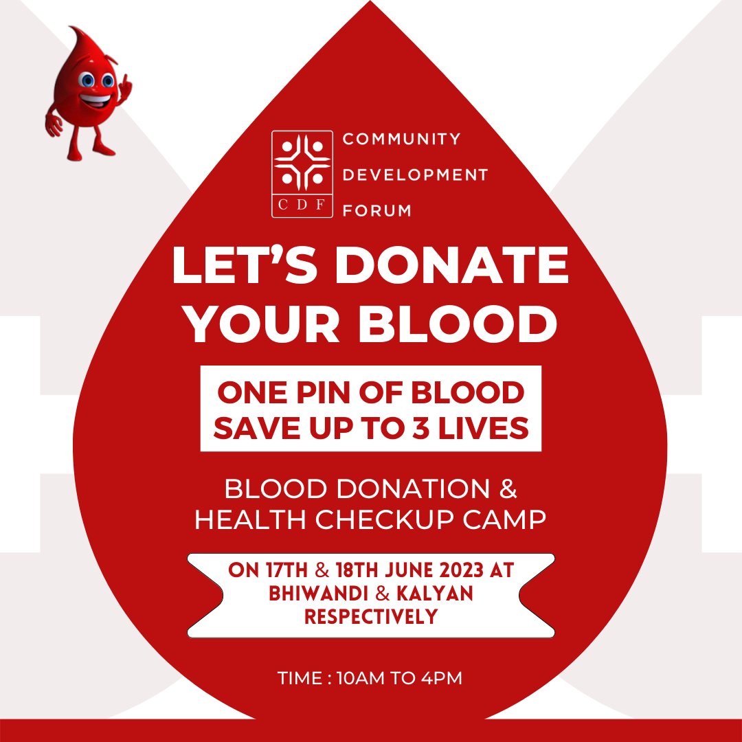 CDFBharat's tweet photo. CDFBharat is organizing a Blood Donation &amp; Health Checkup Camp in association with Sir JJ Mahanagar Rakhtpedhi at Padmashri School, Bhiwandi &amp; KDMC Sadguru Shri Vamanrao Pai Ground, Kalyan on 17th &amp; 18th June respectively.

#blooddonationcamp❣️
#freehealthcheckupcamp https://t.co/jzAWKLNT4n