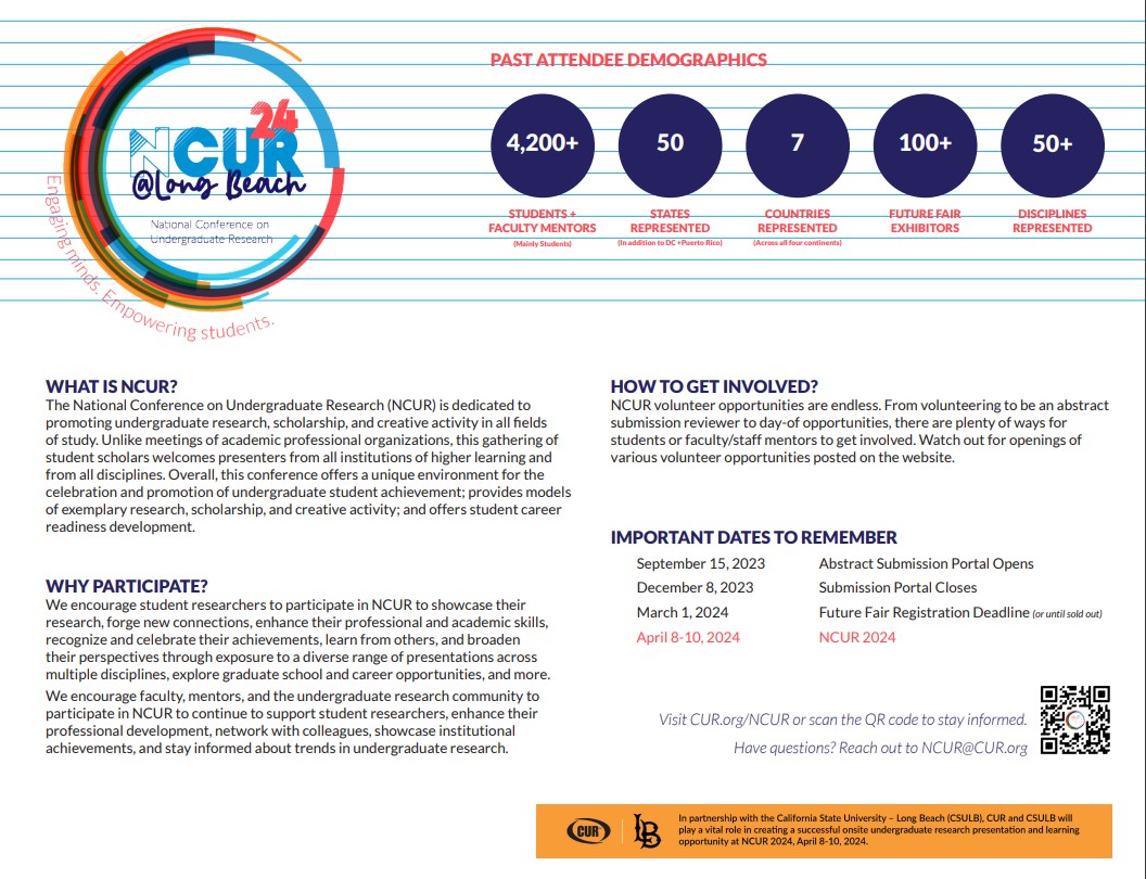csusmogsr's tweet image. Attention undergraduate research community!

The NCUR (National Conference on Undergraduate Research) gives students a chance to showcase their work in a unique environment! If you are interested scan the QR Code or visit cur.org/what/events/st…

#csucommunity #csustudents #STEM