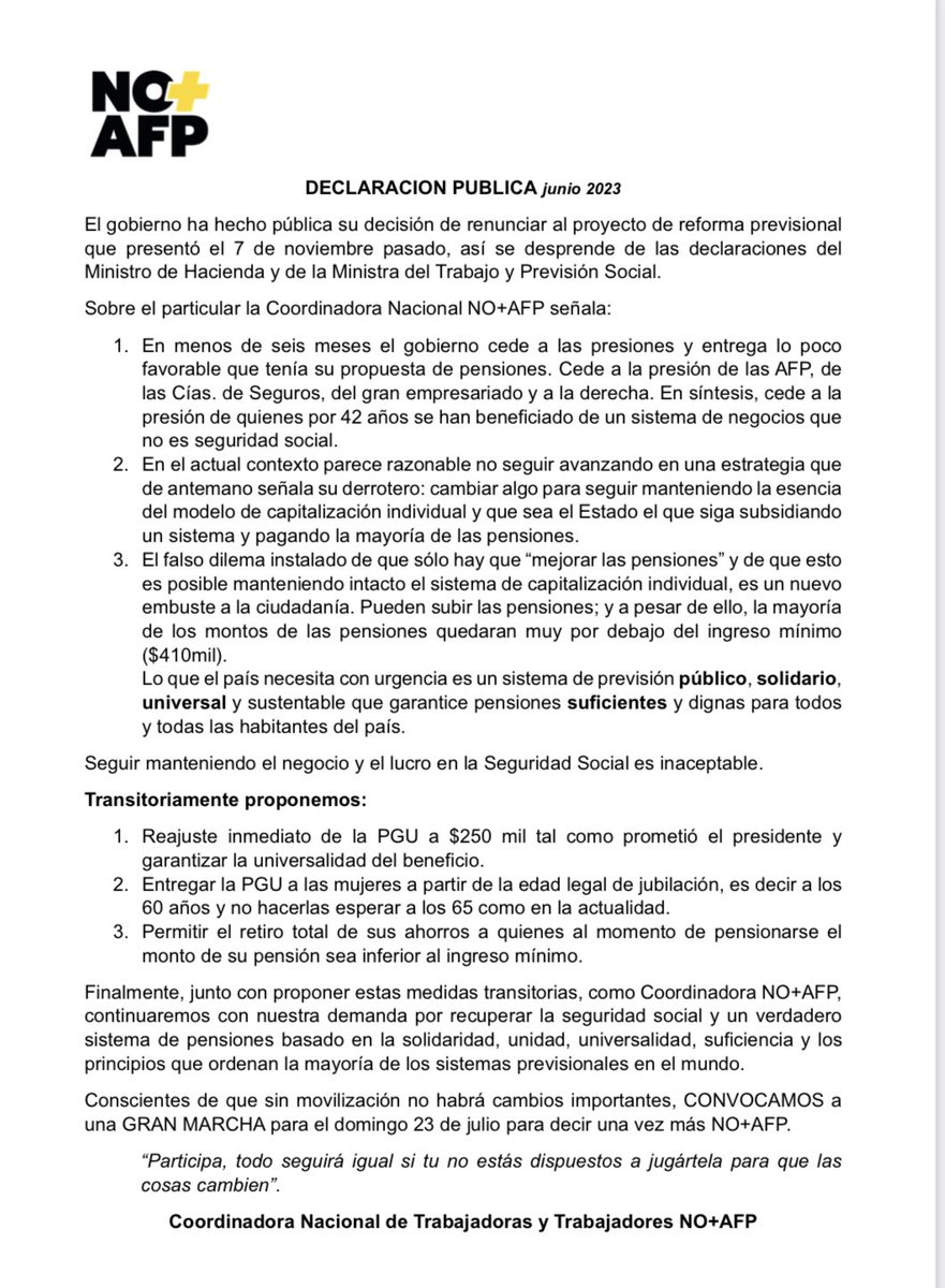 CNT_NOmasAFP's tweet photo. Ante la renuncia del gobierno a terminar con las AFP, manteniendo y favoreciendo el sistema, no nos queda más que convocar a una nueva movilización que le recuerde cuáles son las demandas de la gente.
MARCHA 23 de JULIO
#NOmasAFP
#PGUmujeralos60
#NOmasABUSOS https://t.co/lRDP5F6FfK