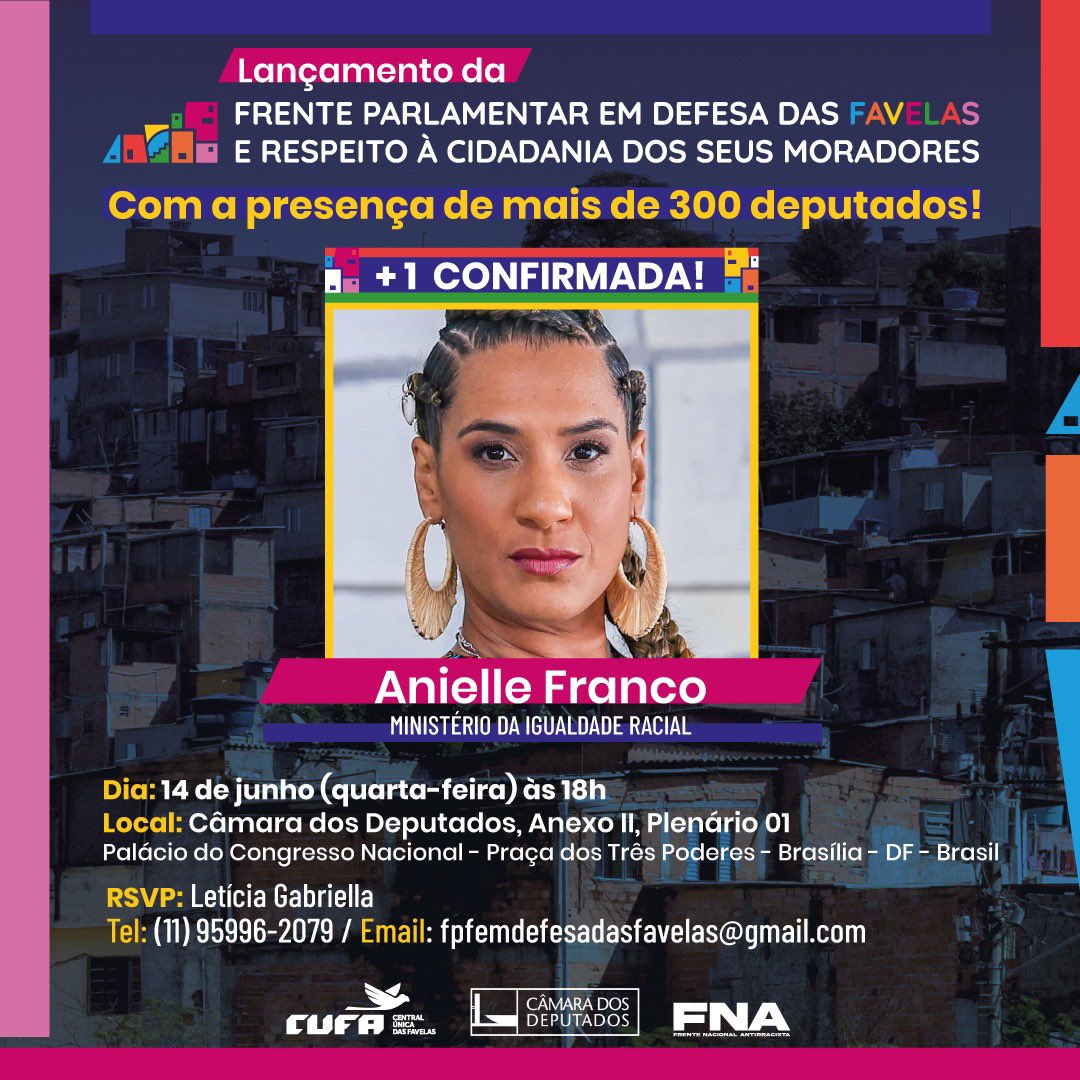 fpf_favelas's tweet photo. É com grande entusiasmo que confirmamos a presença do ilustre Ministra @aniellefranco no lançamento e instalação da Frente Parlamentar em Defesa das Favelas e Respeito à Cidadania dos seus Moradores. 

#FrenteParlamentarFavelas https://t.co/kgmOiie30m