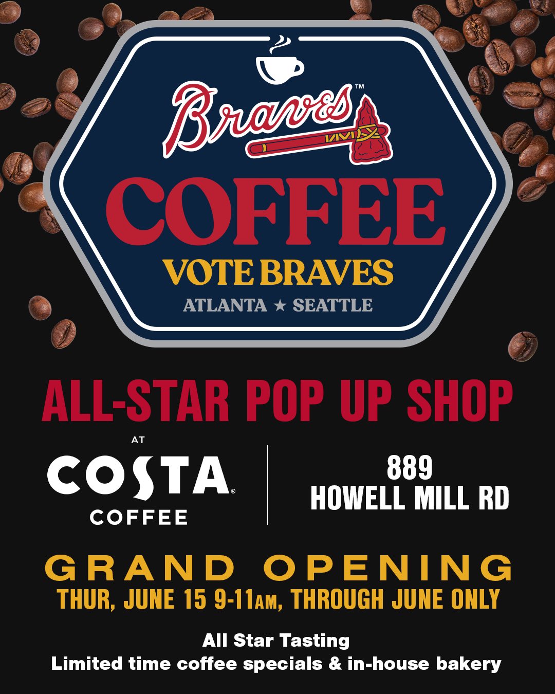 Atlanta Braves on X: GRAND OPENING: Stop by Costa Coffee this Thursday for  FREE handcrafted drinks inspired by your Braves. ☕️ ⭐️:    / X