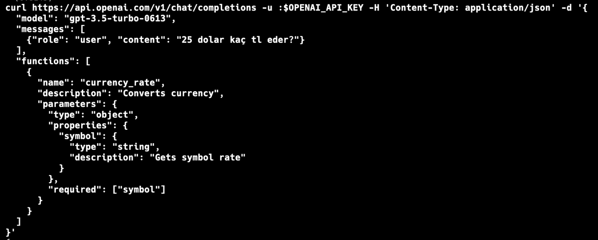 Diyelim ki bir ChatGPT uygulaması yapıyoruz ve kullanıcı '25 dolar kaç ₺ eder' diye sordu. Bu durumda back-end'imizde 'currency_rate(symbol: string)' olduğunu düşünelim. Yani `currency_rate('USDTRY')` çağırınca, bize 23.60 dönen bir fonksiyonumuz var.

Bu fonksiyonumuzu bir JSON…