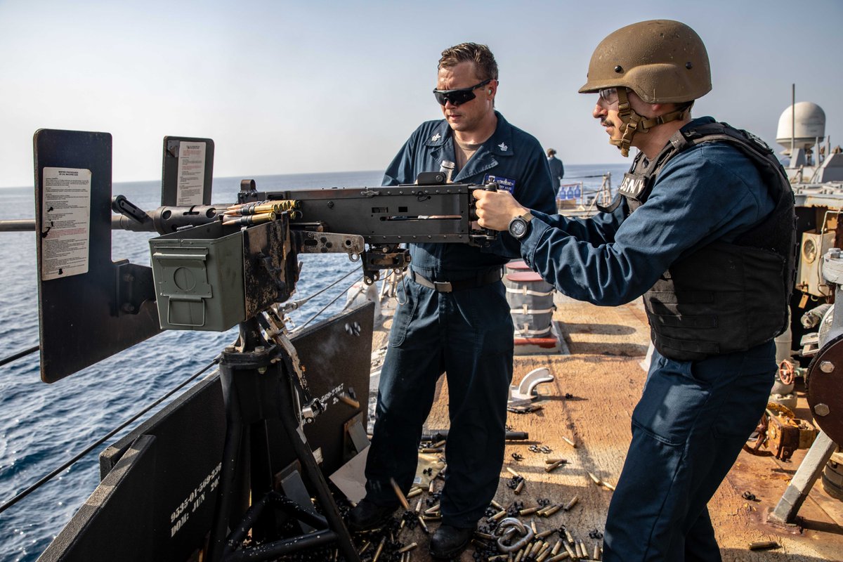 Training our future leaders. ⚓ 🇺🇸 💪 
#NavyReadiness 

Midshipman 1st Class Joey Doyle, from Virginia Tech and attached to the guided missile destroyer #USSMcFaul (DDG 74), fires a .50 caliber machine gun during a live fire exercise in the Gulf of Oman, June 12, 2023.