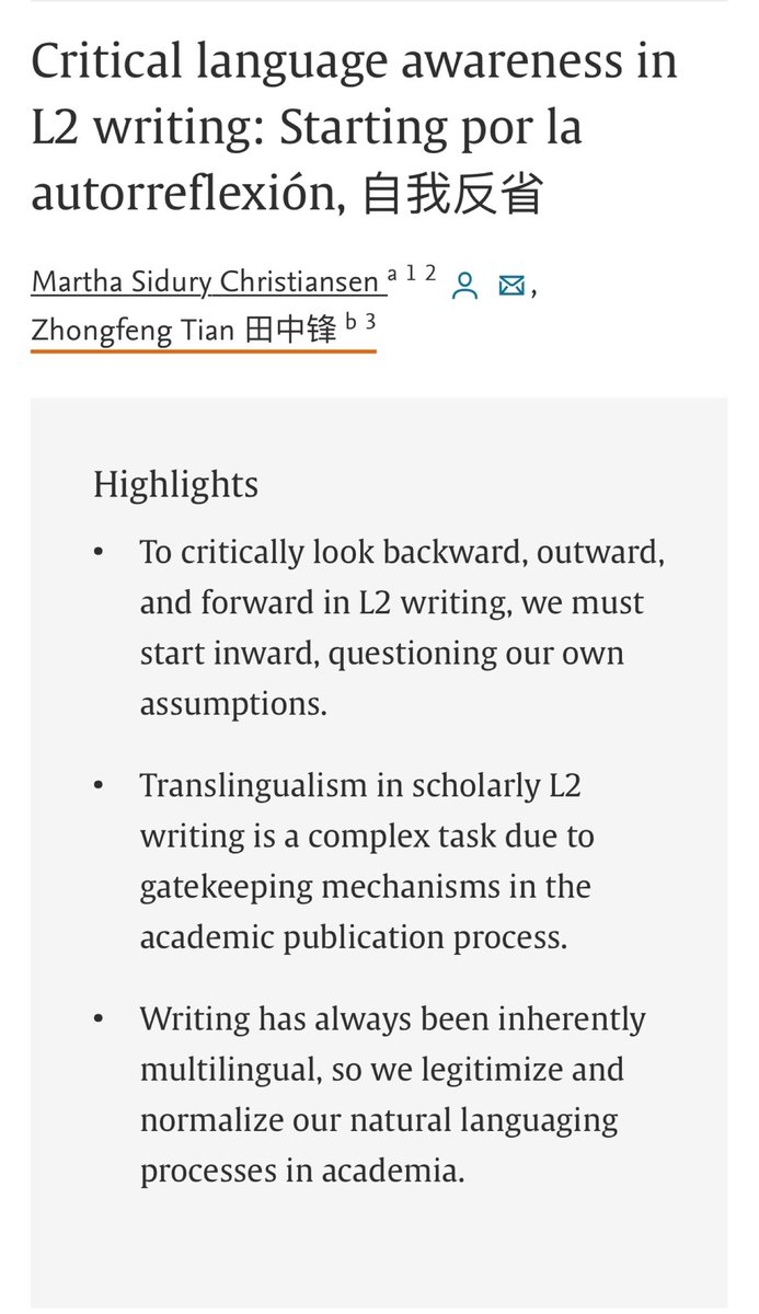 Zhongfeng6's tweet photo. We did it - so happy to see my name in Chinese characters, our translingual title, our abstract &amp; keywords in Mandarin, Spanish, and English! As multilingual scholars, let’s walk the talk and continue to decolonize academic writing &amp; normalize our natural languaging processes 💜 https://t.co/w3sSoZWiXR