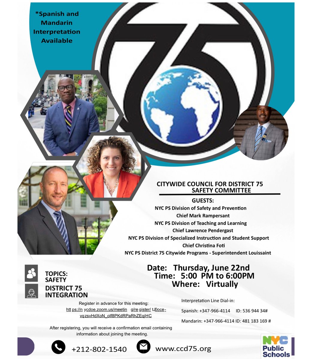 d75council's tweet photo. CCD75 Safety Committee Meeting: 
June 22nd 2023 @ 5:00pm

Guests: NYC Public School Chiefs

https://t.co/m7ytgCxeXs https://t.co/37TjHmcfmf